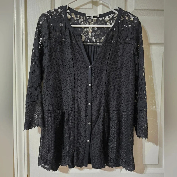 Rebecca Minkoff Lace Front Button Top, Sheer 3/4 Sleeves, Soft Knit Back, EUC! - Picture 1 of 12
